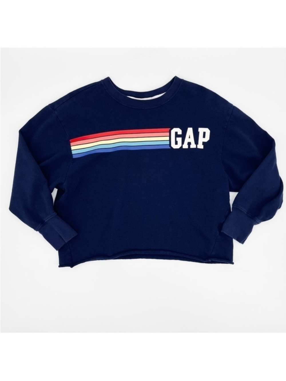Gap Cropped Rainbow Striped Navy Sweatshirt Size Small